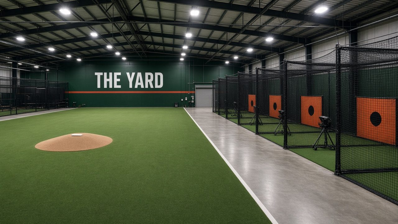 Concept rendering of the turf field beside four open batting cages