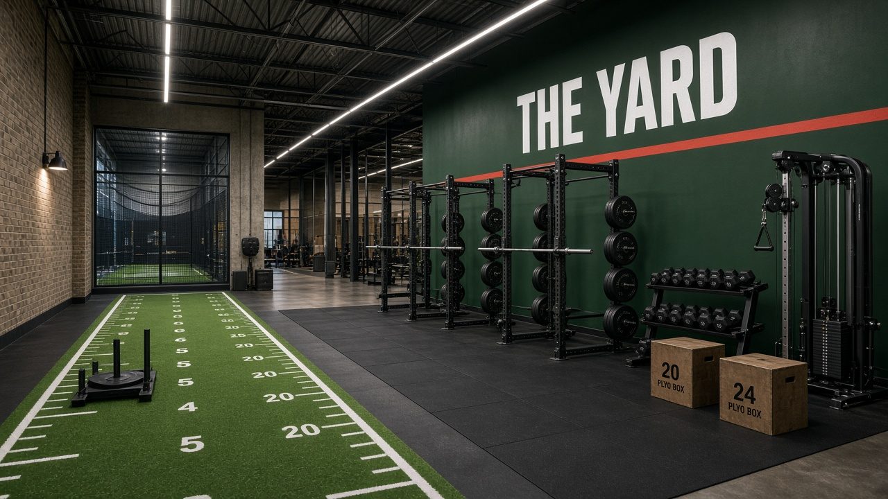 Concept rendering of the 2,000 sq ft performance gym with racks and a turf sprint lane
